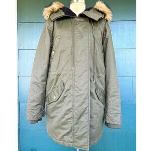 J.CREW Perfect Winter Parka Coat Jacket Olive Green Faux Fur Trim Hood Womens M